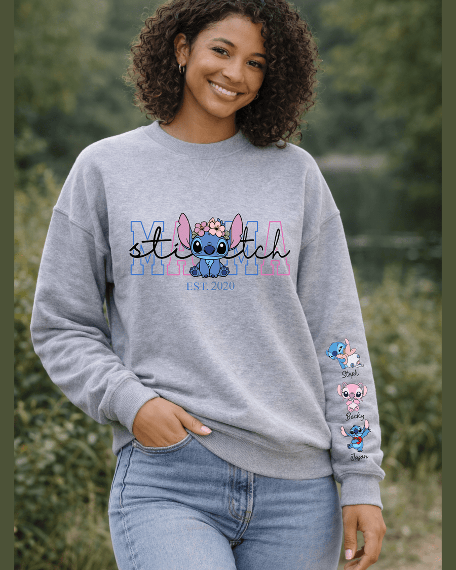 Heather gray Custom Stitch Mama sweatshirt with floral crown and kids names on sleeve