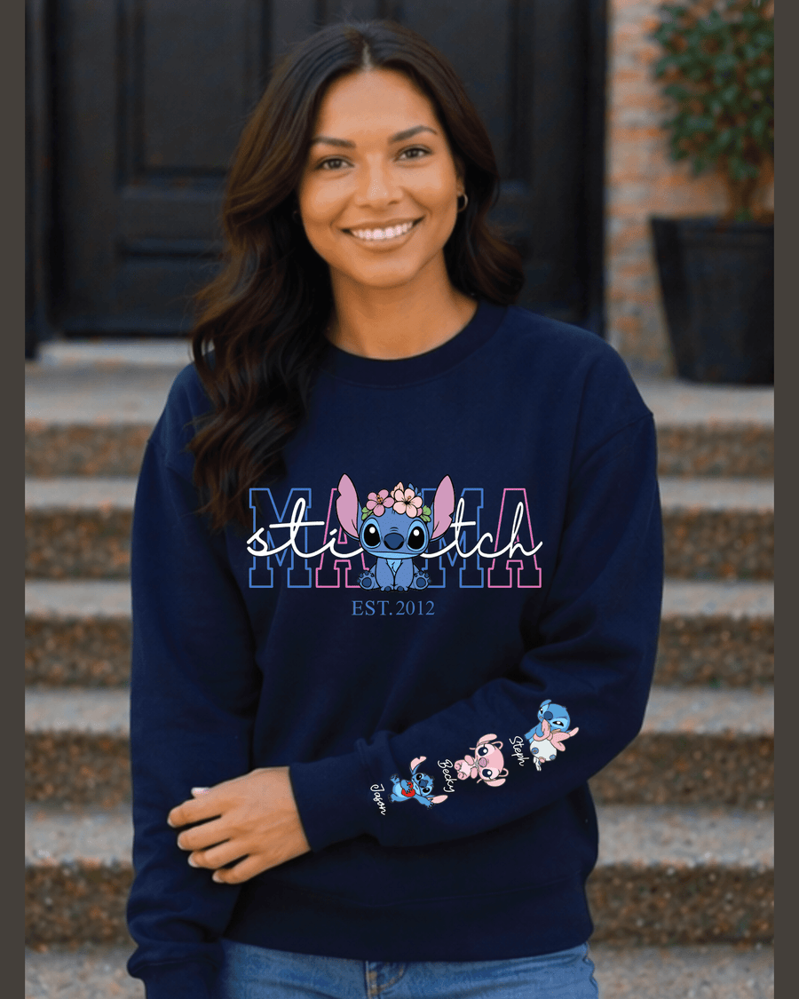 Navy blue personalized crewneck sweatshirt with Stitch characters and kids names