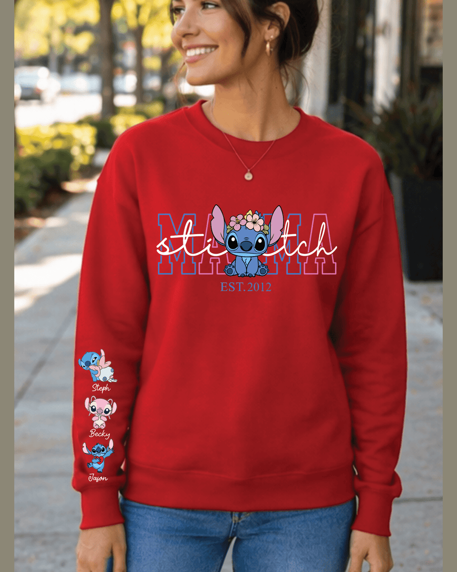Red personalized mom crewneck sweatshirt with Stitch design and child names on sleeve