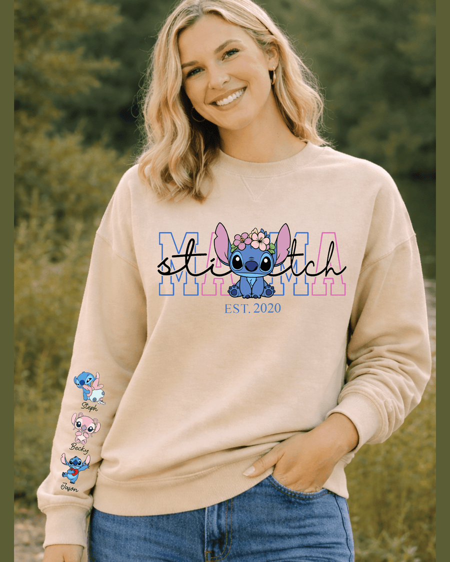 Beige custom Stitch Mama sweatshirt featuring floral crown design and child names