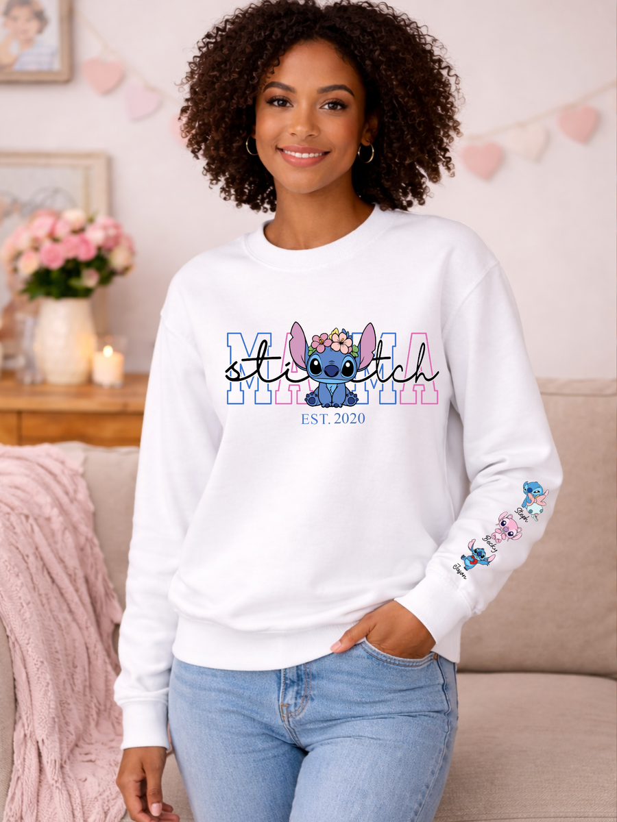 Woman wearing a white sweatshirt with 'Stitch' design in a living room setting