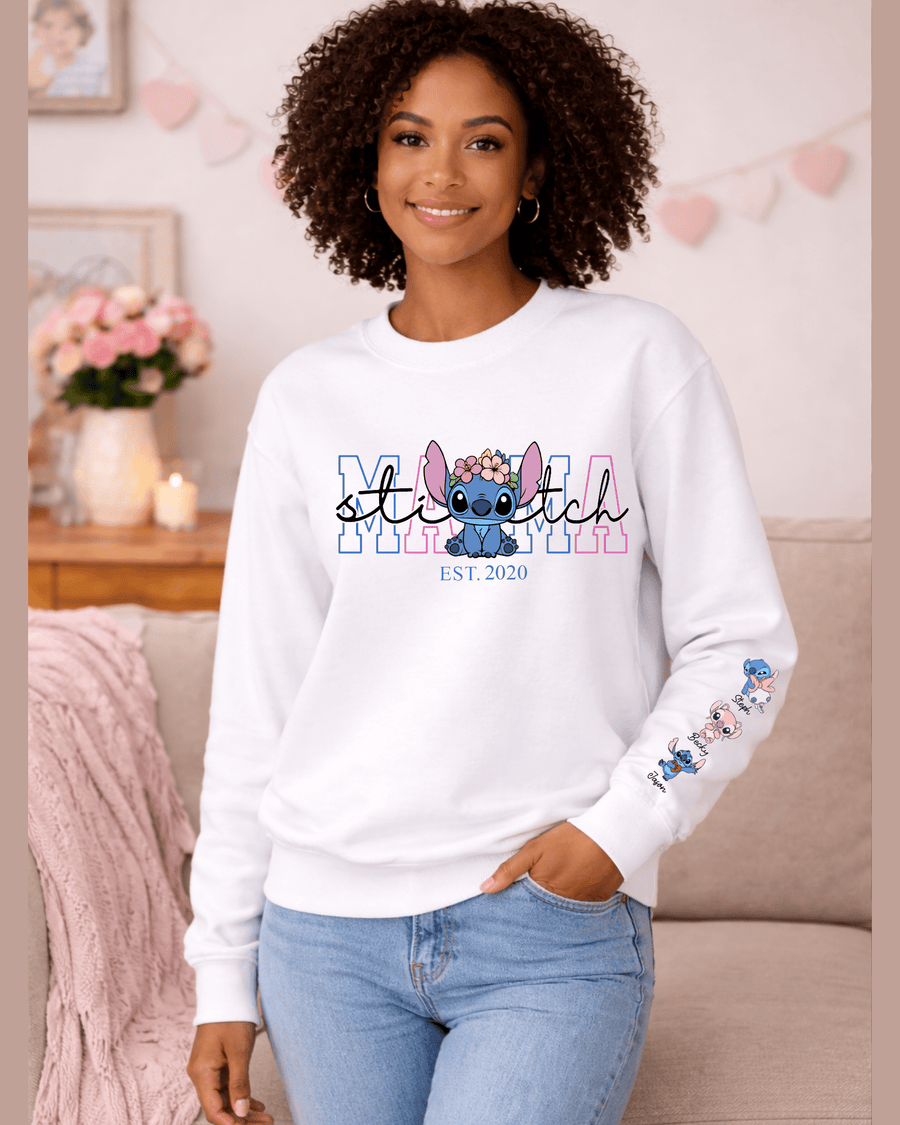White cozy mom crewneck sweatshirt with Stitch graphic and personalized sleeve names