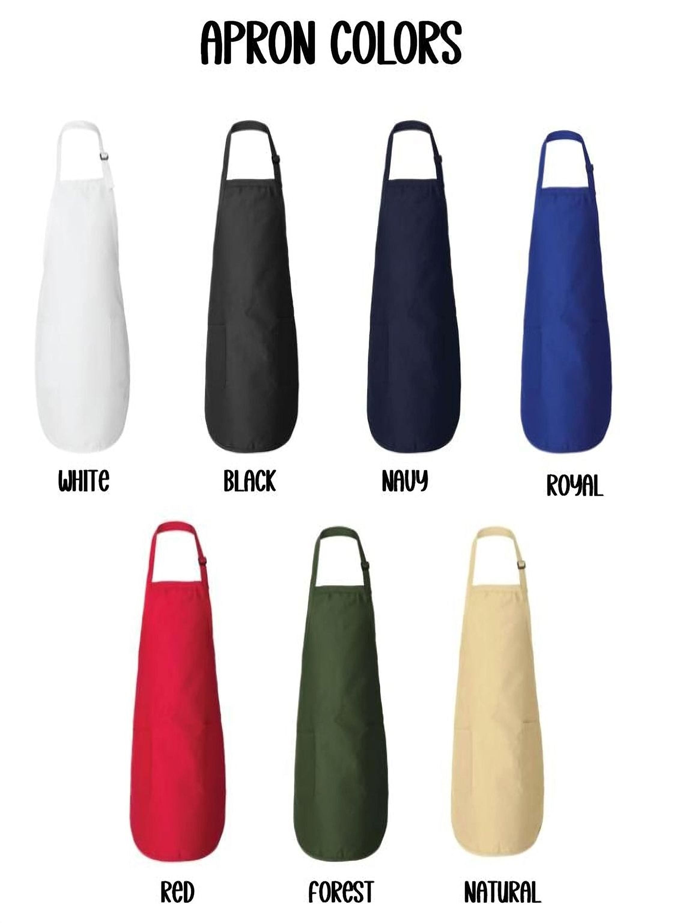 a collection of aprons in various colors, including white, black, navy, royal, red, forest, and natural.