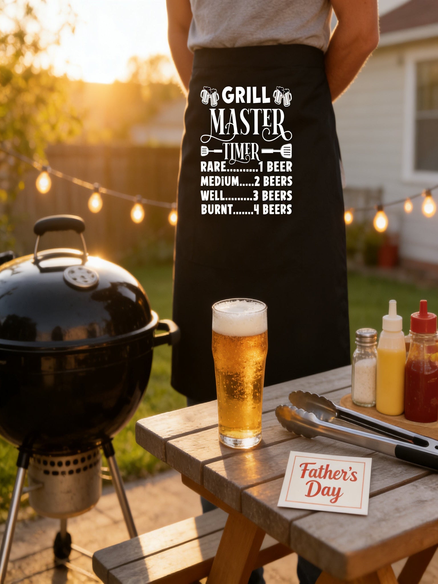 Grill Master Timer apron with funny beer and BBQ graphic design worn by man grilling burgers outdoors.