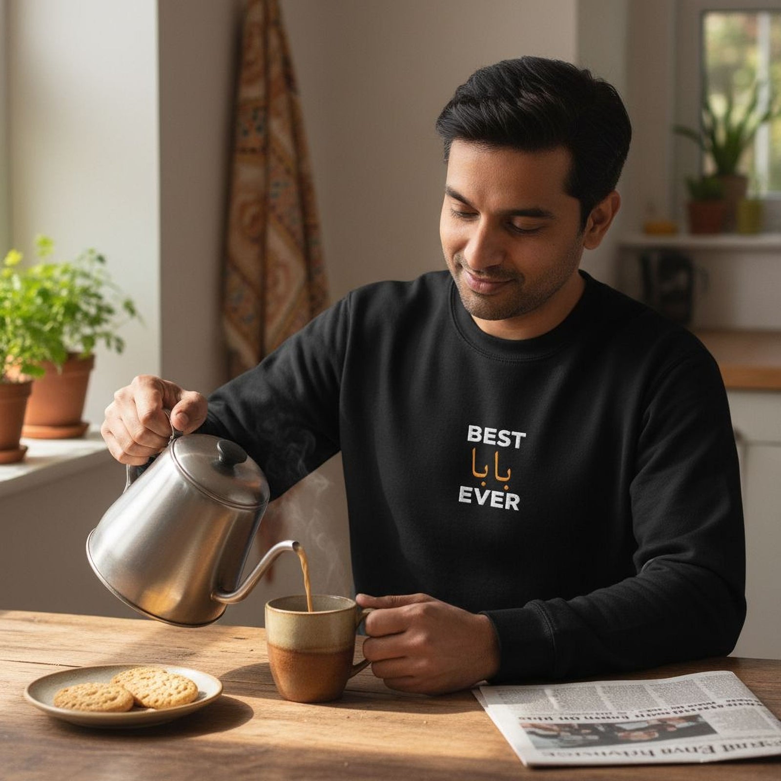 A man in a black sweatshirt is pouring a hot beverage from a silver teapot into a mug, with a plate of cookies and a newspaper on the table in front of him.