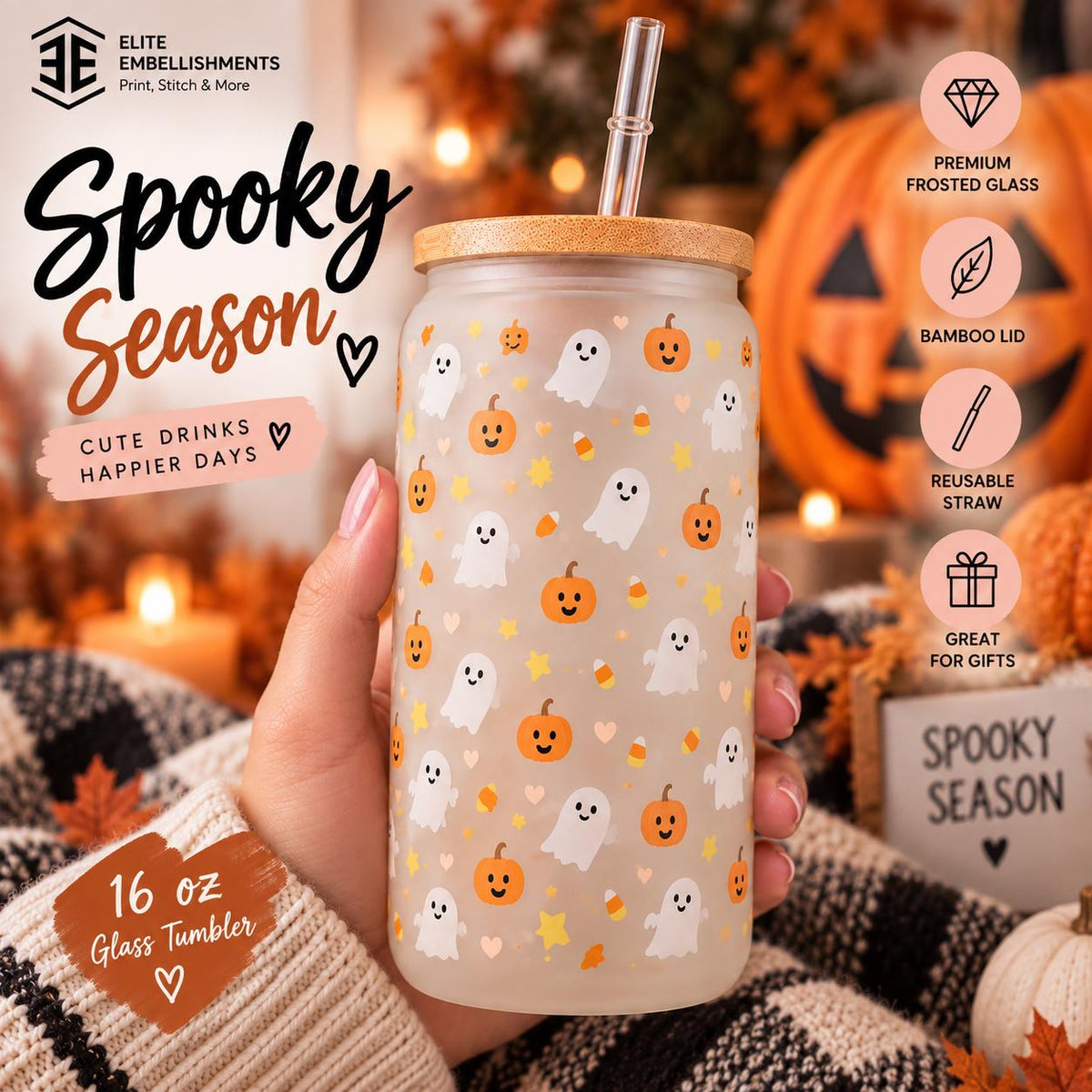 Cute Ghost 16 oz Frosted Glass Halloween Tumbler