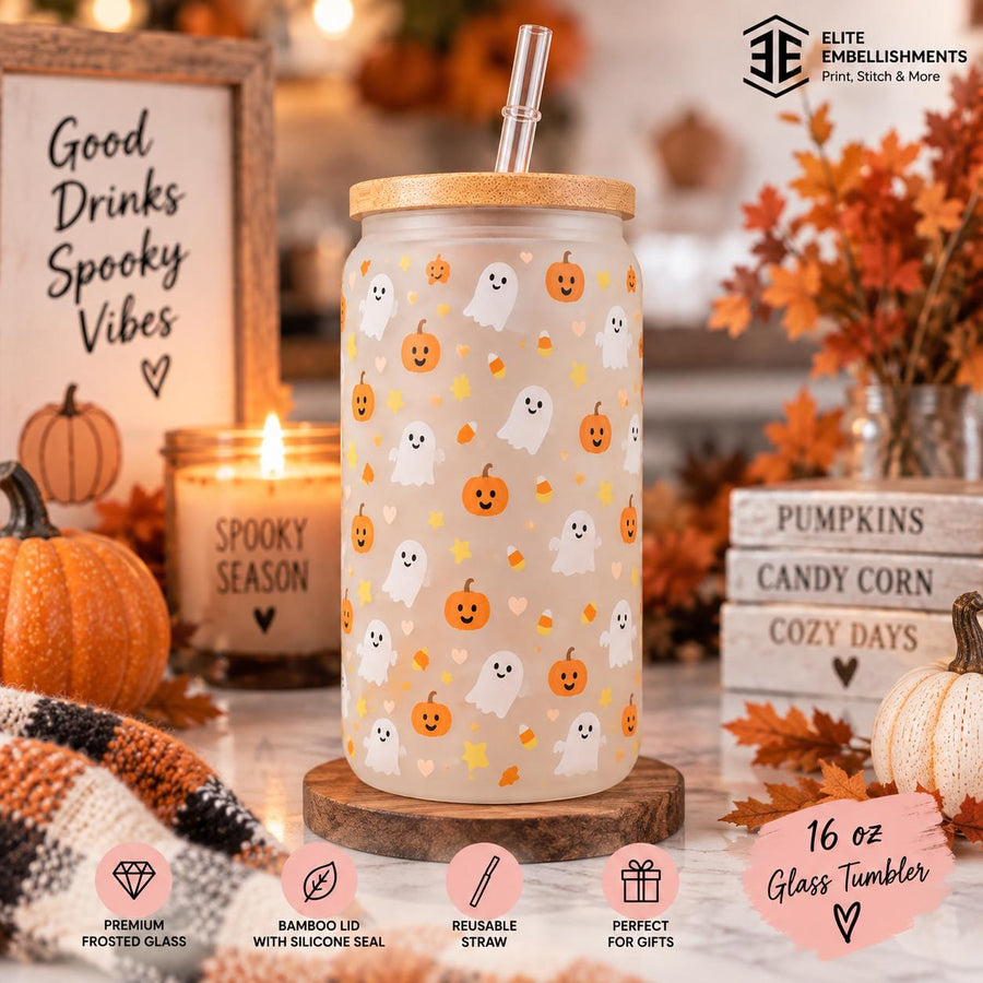 Cute Ghost 16 oz Frosted Glass Halloween Tumbler