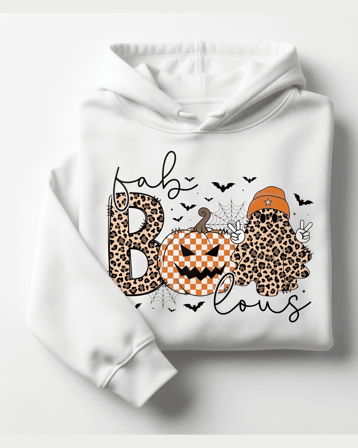 White custom hoodie with Fab Boo Lous Halloween graphic featuring leopard print ghost and pumpkin