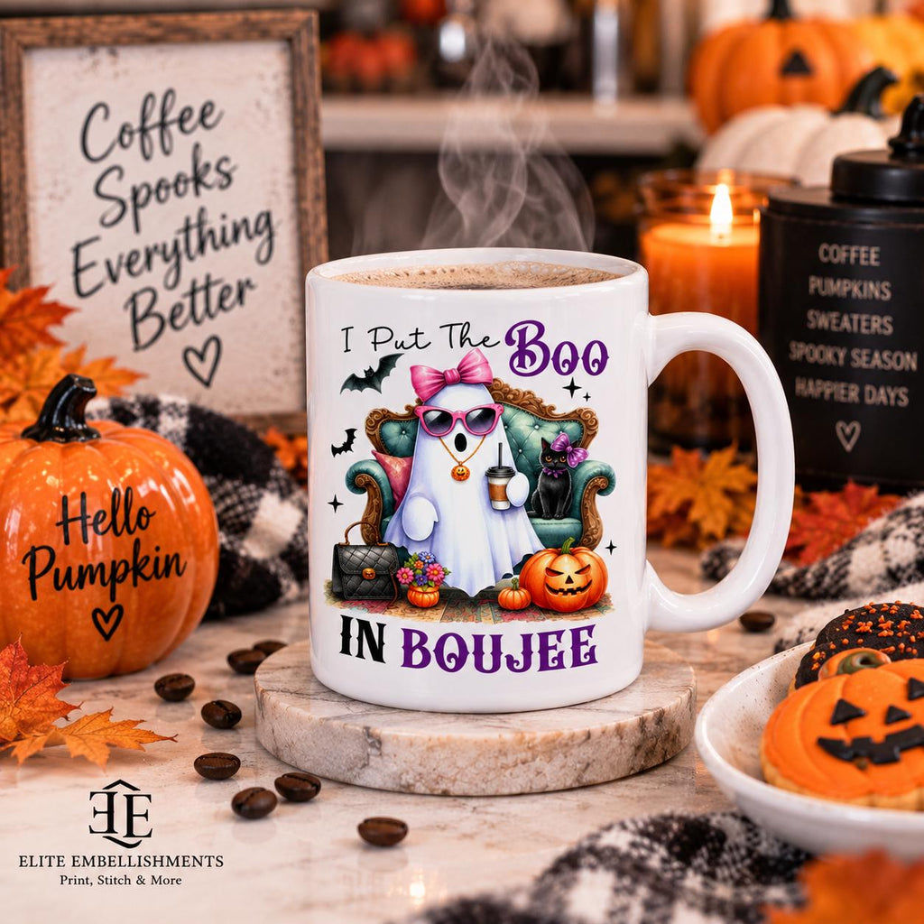 Boujee Halloween Mug 15oz – I Put the Boo in Boujee mug with coffee