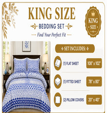 The image is a product advertisement for a King Size Bedding Set, which includes a flat sheet, a fitted sheet, and pillow covers. The ad features a bedroom scene with a bed and nightstands, and the text provides a clear description of the included items in the set.