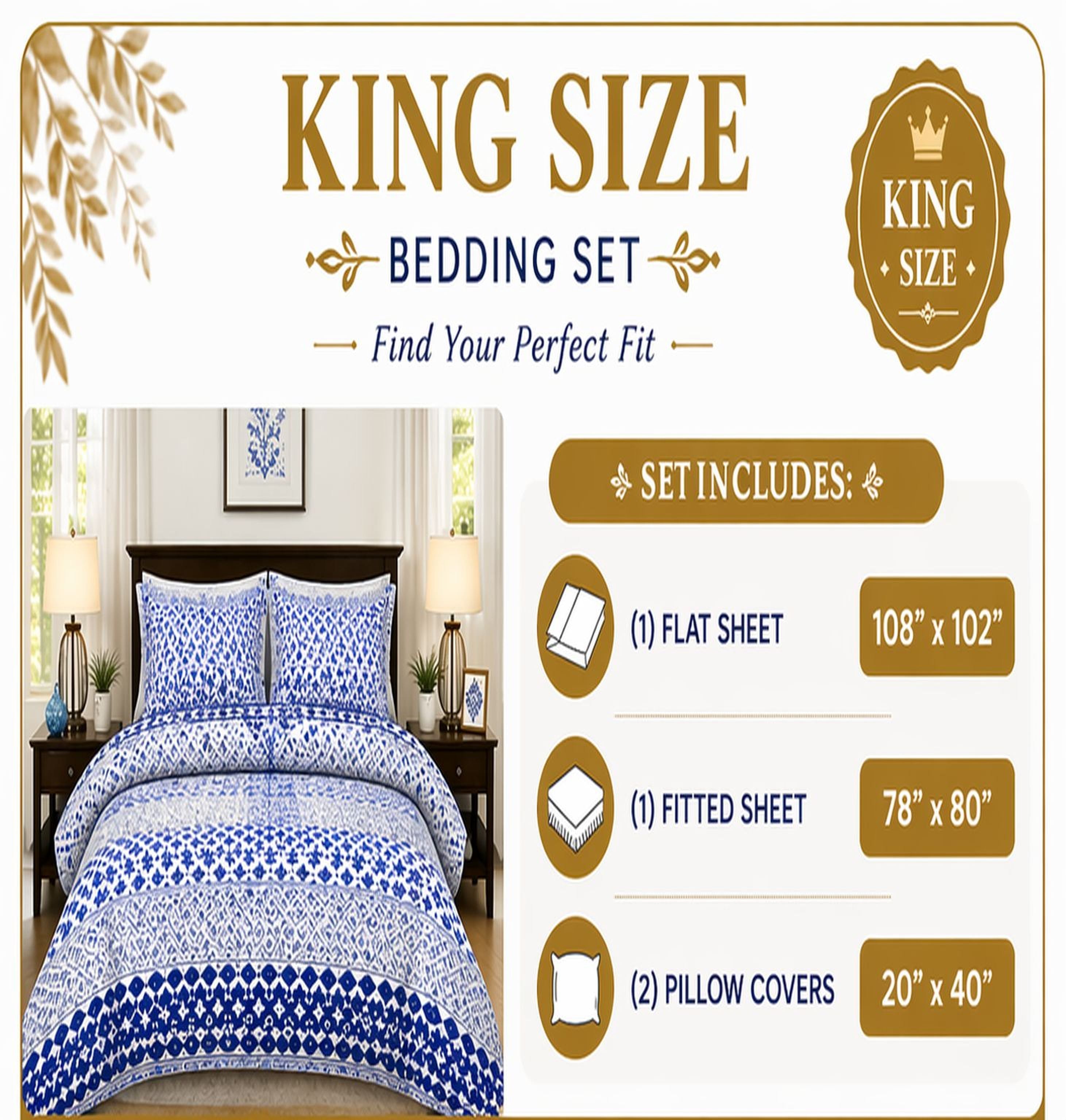 The image is a product advertisement for a King Size Bedding Set, which includes a flat sheet, a fitted sheet, and pillow covers. The ad features a bedroom scene with a bed and nightstands, and the text provides a clear description of the included items in the set.