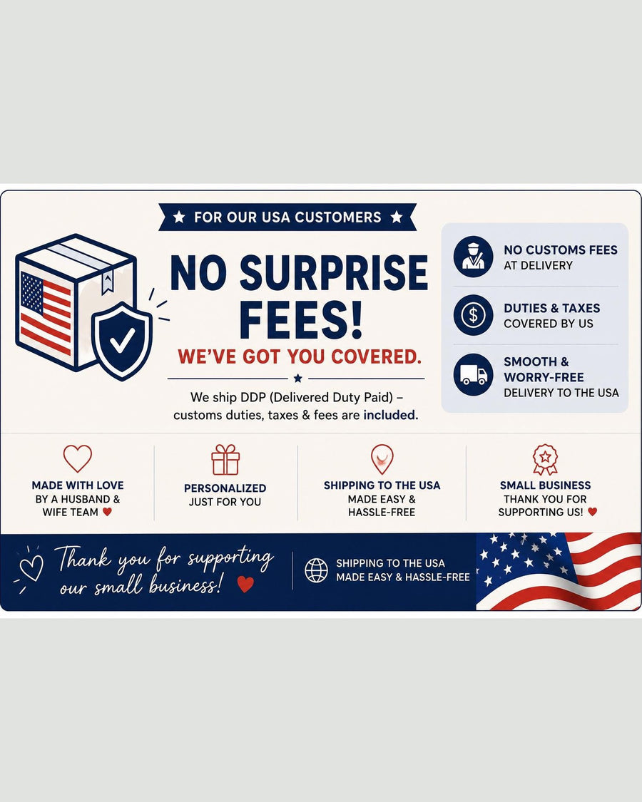The image is a promotional graphic for a company that ships DDP (Delivered Duty Paid) to USA customers. It features a shield with an American flag, a heart symbol, and icons representing various benefits such as no surprise fees, no customs fees, and a smooth and worry-free delivery. The image also includes a message expressing gratitude for supporting small businesses.