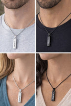 The image is a collage of four photos showing different necklaces with pendants. The pendants have names engraved on them, and the necklaces are made of metal.