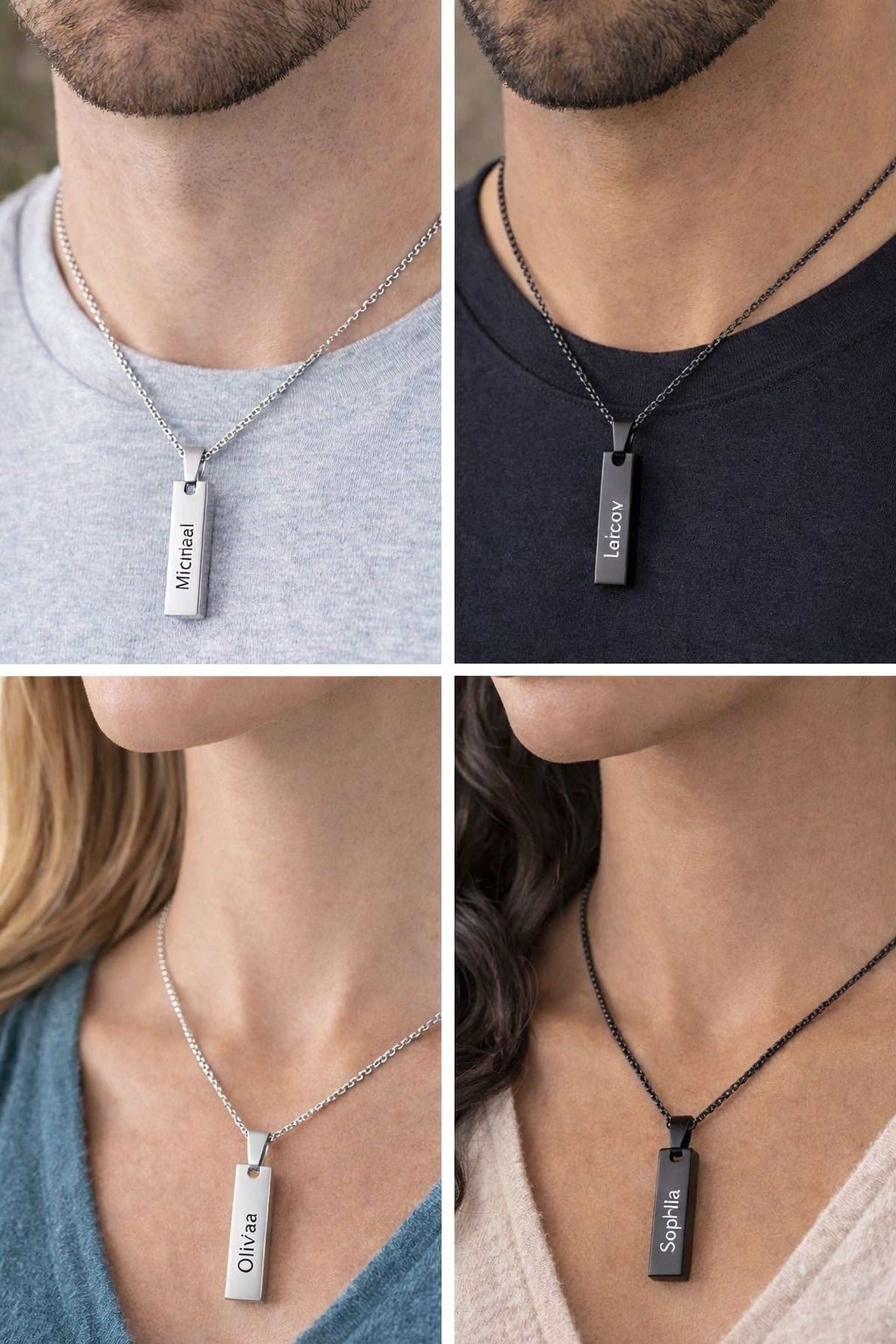 The image is a collage of four photos showing different necklaces with pendants. The pendants have names engraved on them, and the necklaces are made of metal.