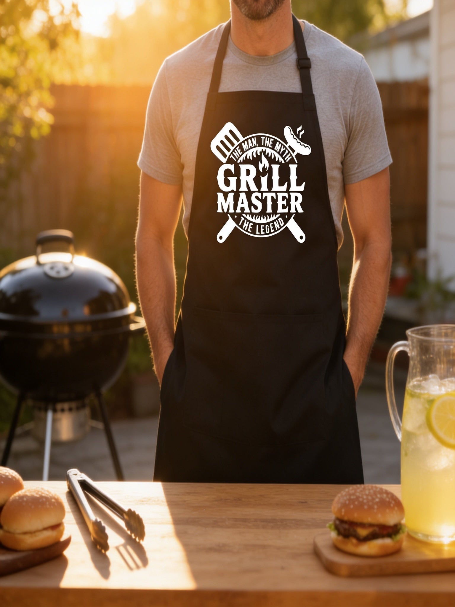 A man wearing a black apron with a graphic design stands in front of a grill, with a wooden table in front of him and various food items, including hamburgers and a lemonade pitcher, on the table.