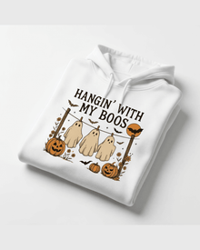 White hooded sweatshirt featuring 'Hangin With My Boos' Halloween ghosts and pumpkin graphic