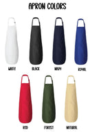 a collection of aprons in various colors, including white, black, navy, royal, red, forest, and natural.