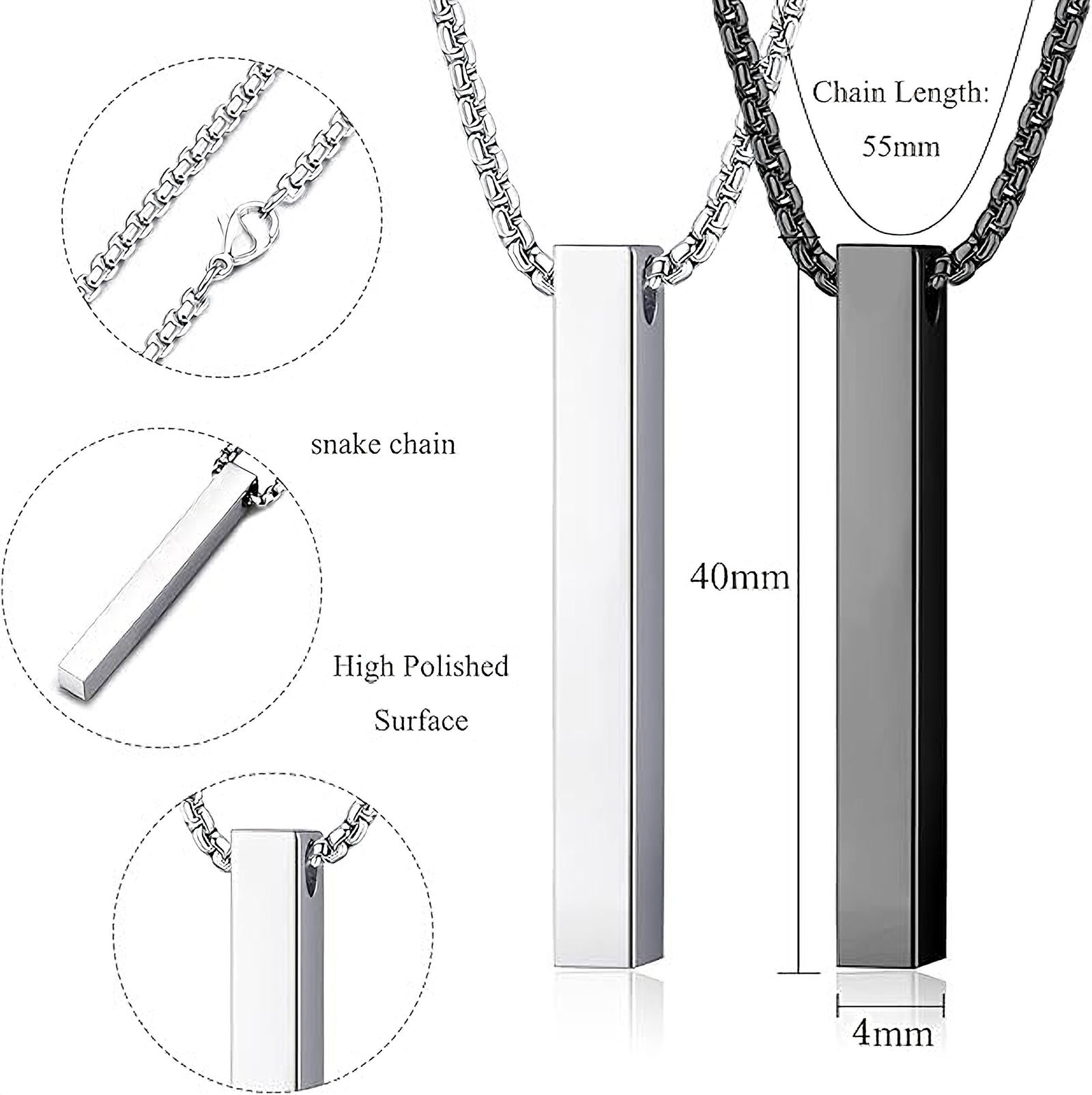 The image is a detailed view of a necklace with a rectangular pendant, showcasing the chain length, the pendant's surface, and the pendant's dimensions.