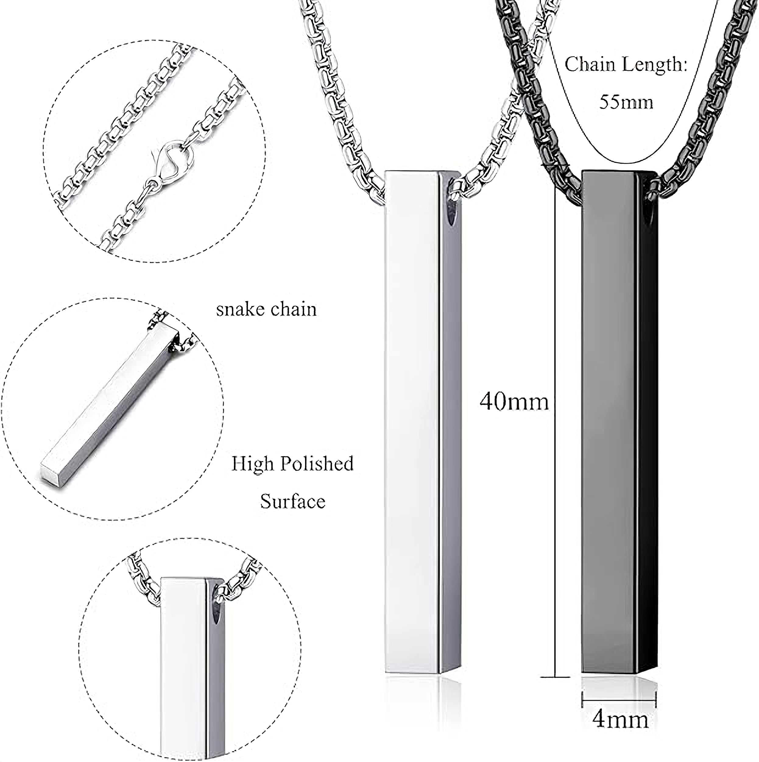 The image is a detailed view of a necklace with a rectangular pendant, showcasing the chain length, the pendant's surface, and the pendant's dimensions.
