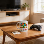 A white mug with a colorful design sits on a wooden coffee table, accompanied by a black game controller and a note that reads "Father's Day".
