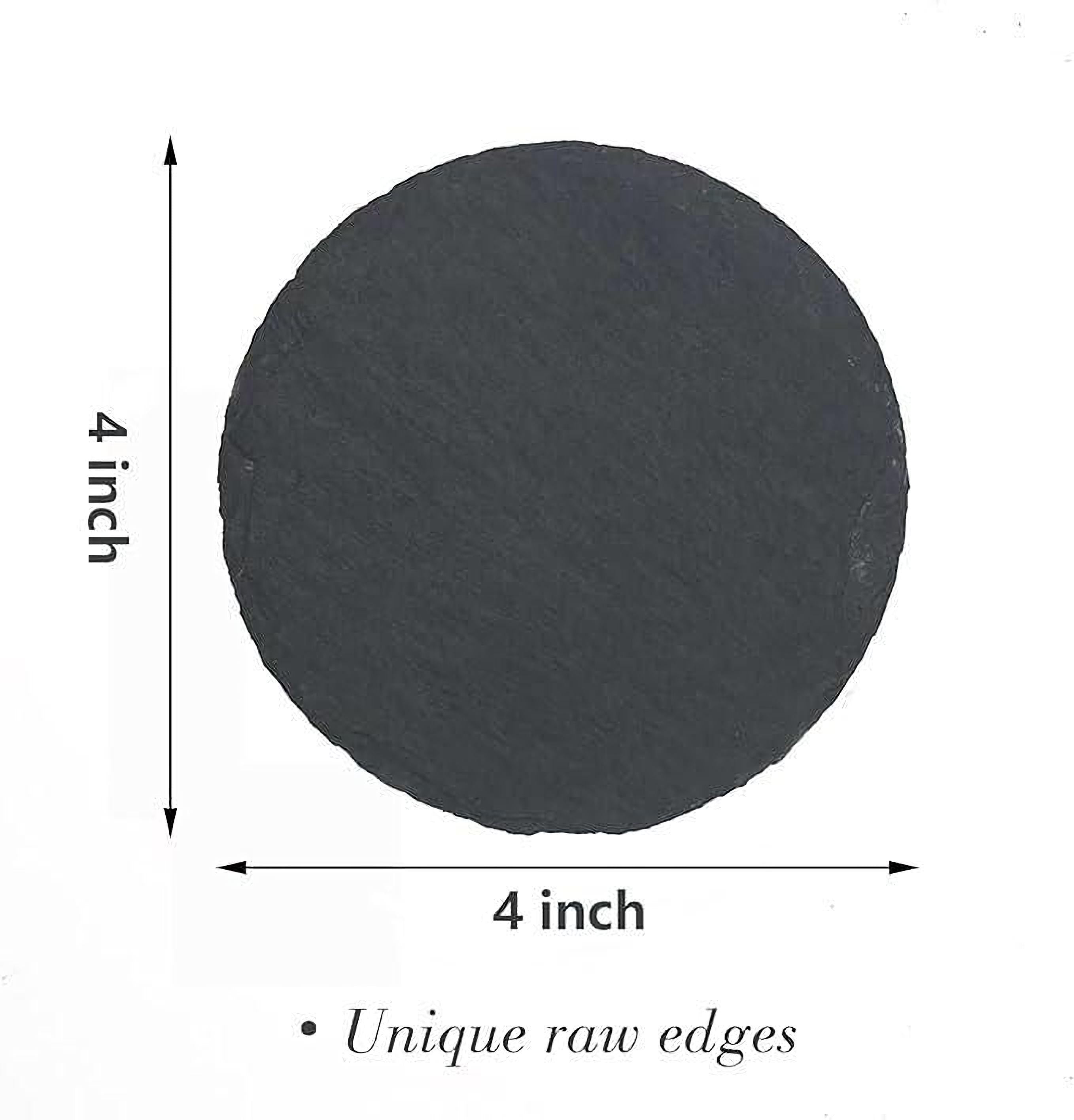 a large, round, black object with measurements and a caption indicating it is a unique raw edge.