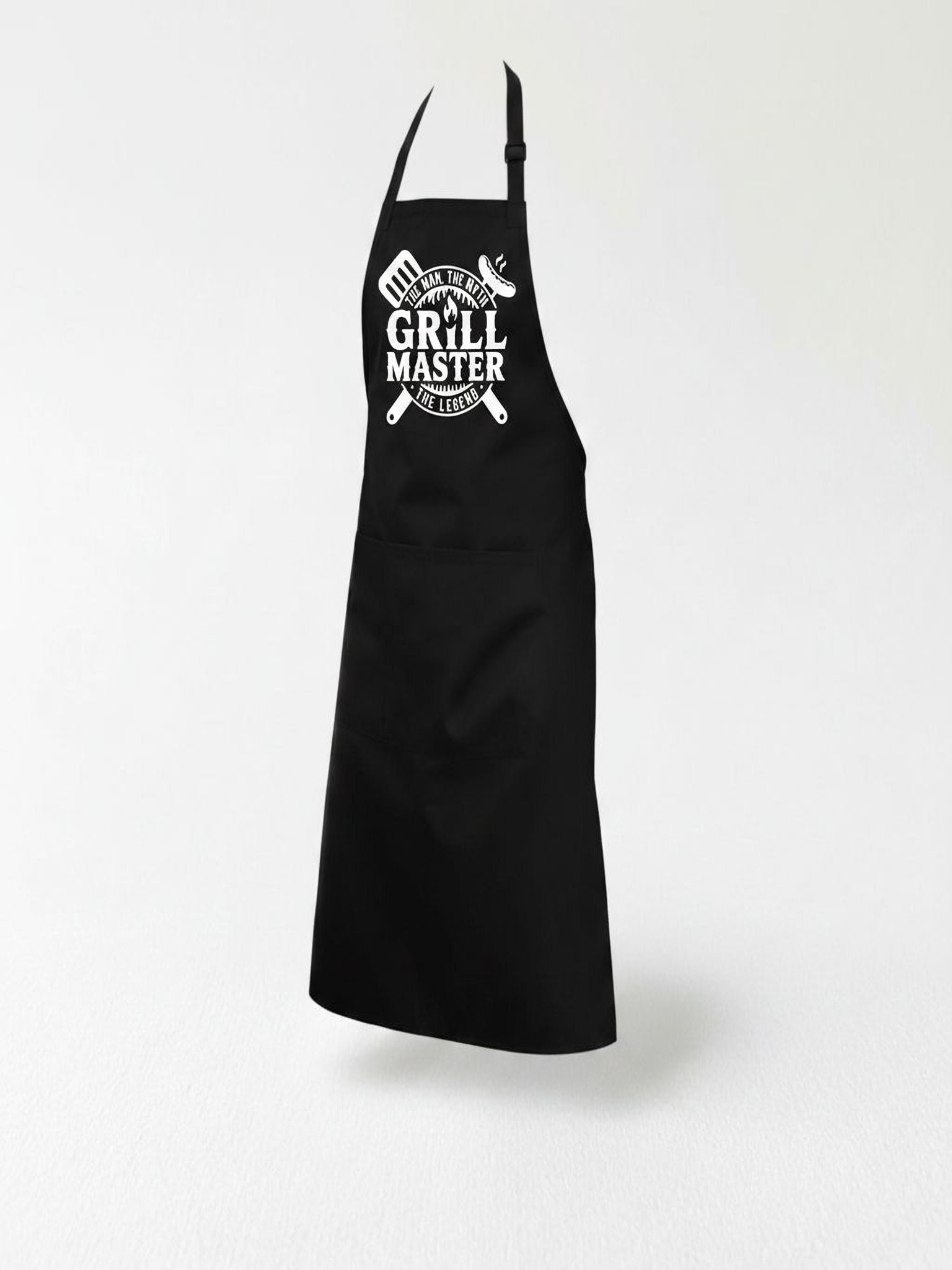 A black apron with white text and graphics on it, including a grill and the text "The Grill Master".