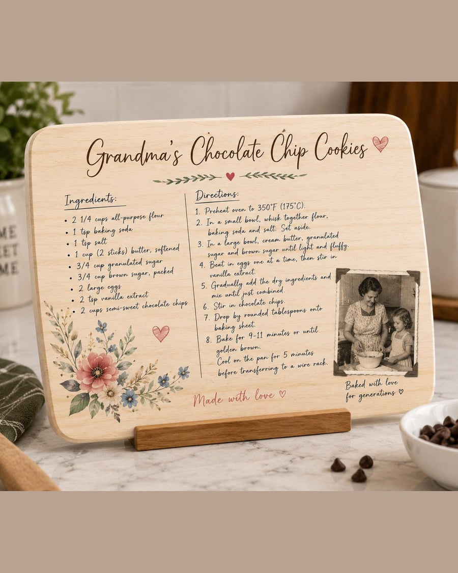 Personalized Photo Bamboo Cutting Board – cutting board printed with handwritten family recipe