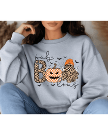 Heather gray unisex hoodie with Fab Boo Lous Halloween graphic and leopard print details