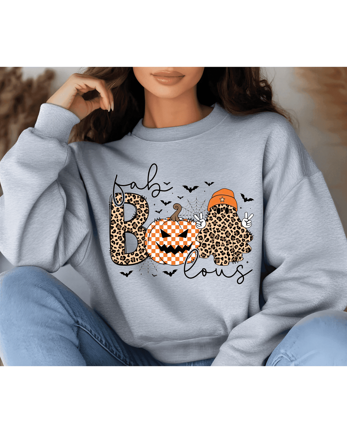 Heather gray unisex hoodie with Fab Boo Lous Halloween graphic and leopard print details