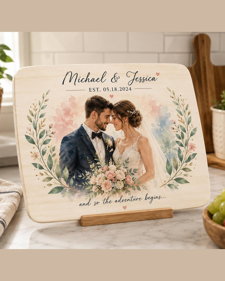Personalized Photo Bamboo Cutting Board – cutting board printed with watercolor wedding couple portrait