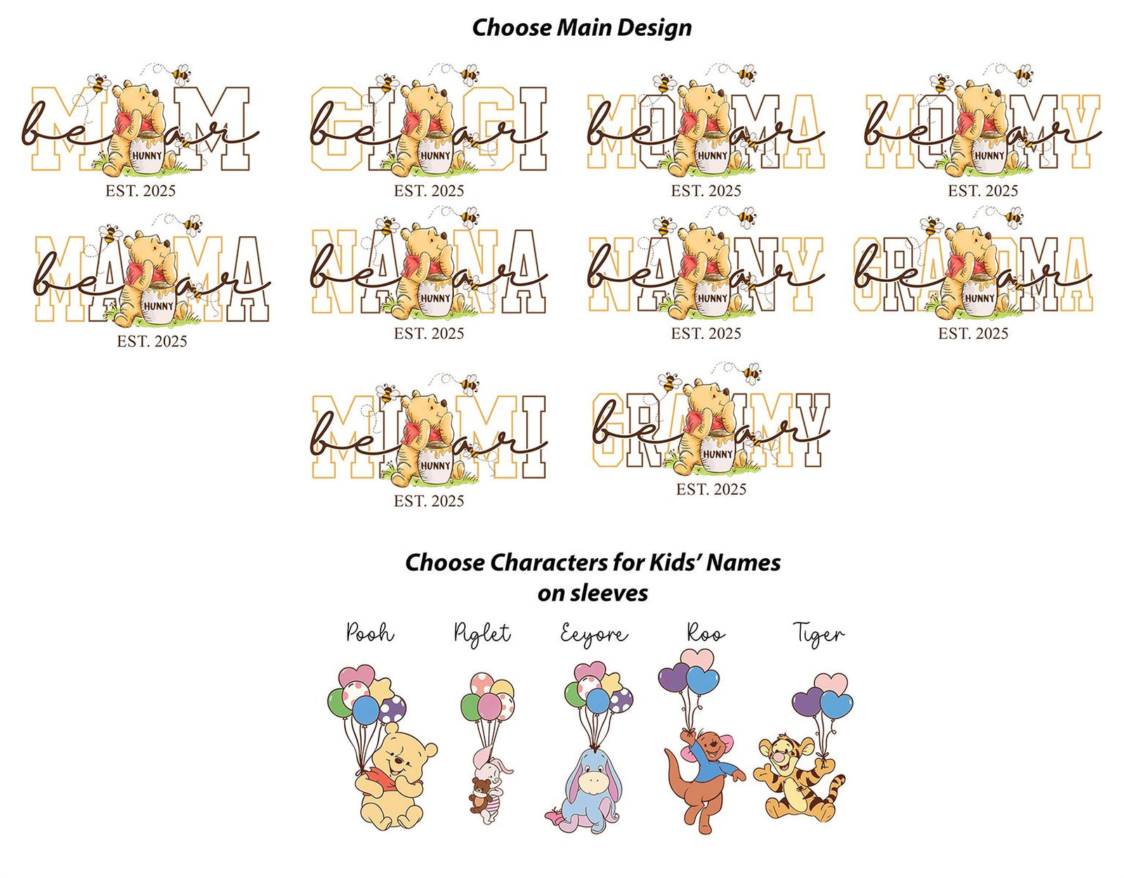 a collection of illustrations and character names related to Winnie the Pooh and Tigger, along with options for choosing main design and character names for kids' names on sleeves.
