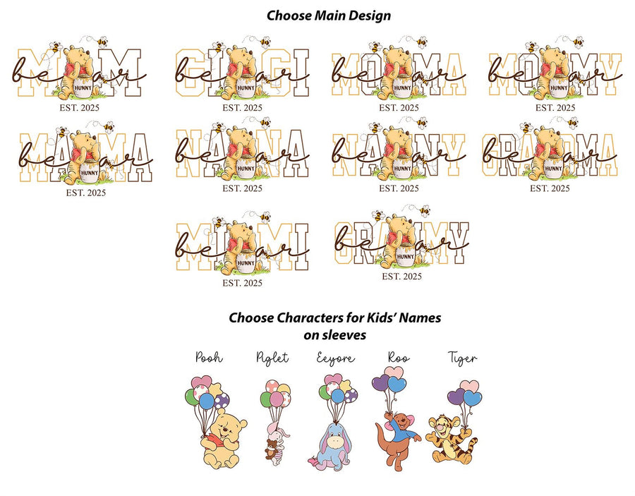 a collection of illustrations and character names related to Winnie the Pooh and Tigger, along with options for choosing main design and character names for kids' names on sleeves.