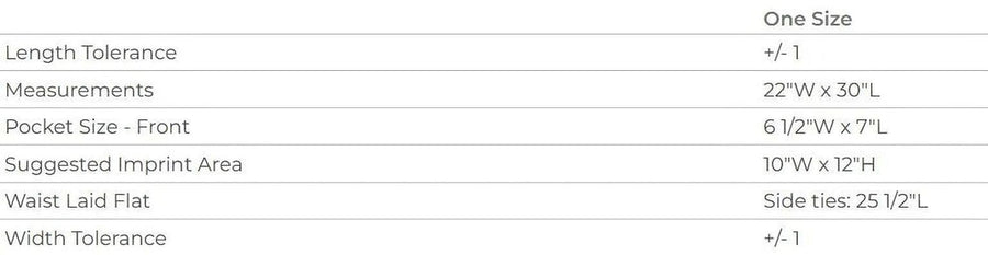 a table with various measurements and descriptions for a single size, including length tolerance, measurements, pocket size, suggested impprint area, width, and side ties.