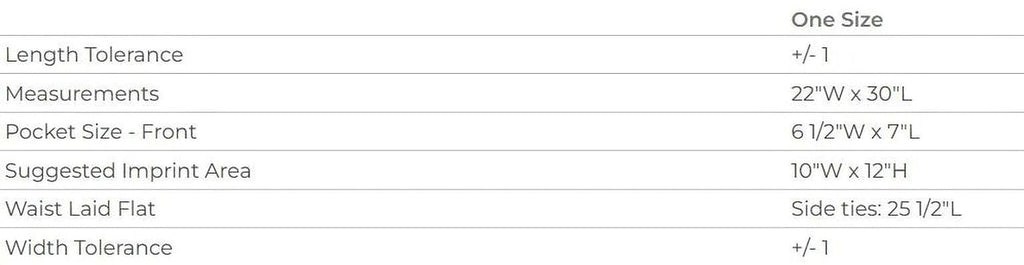 a table with various measurements and descriptions for a single size, including length tolerance, measurements, pocket size, suggested impprint area, width, and side ties.