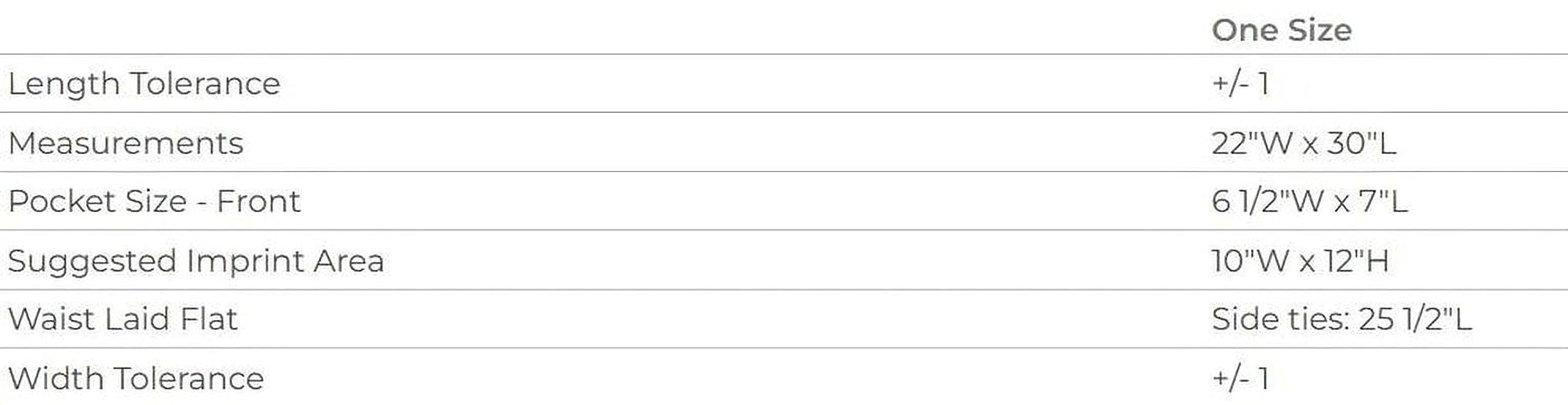a table with various measurements and descriptions for a single size, including length tolerance, measurements, pocket size, suggested impprint area, width, and side ties.