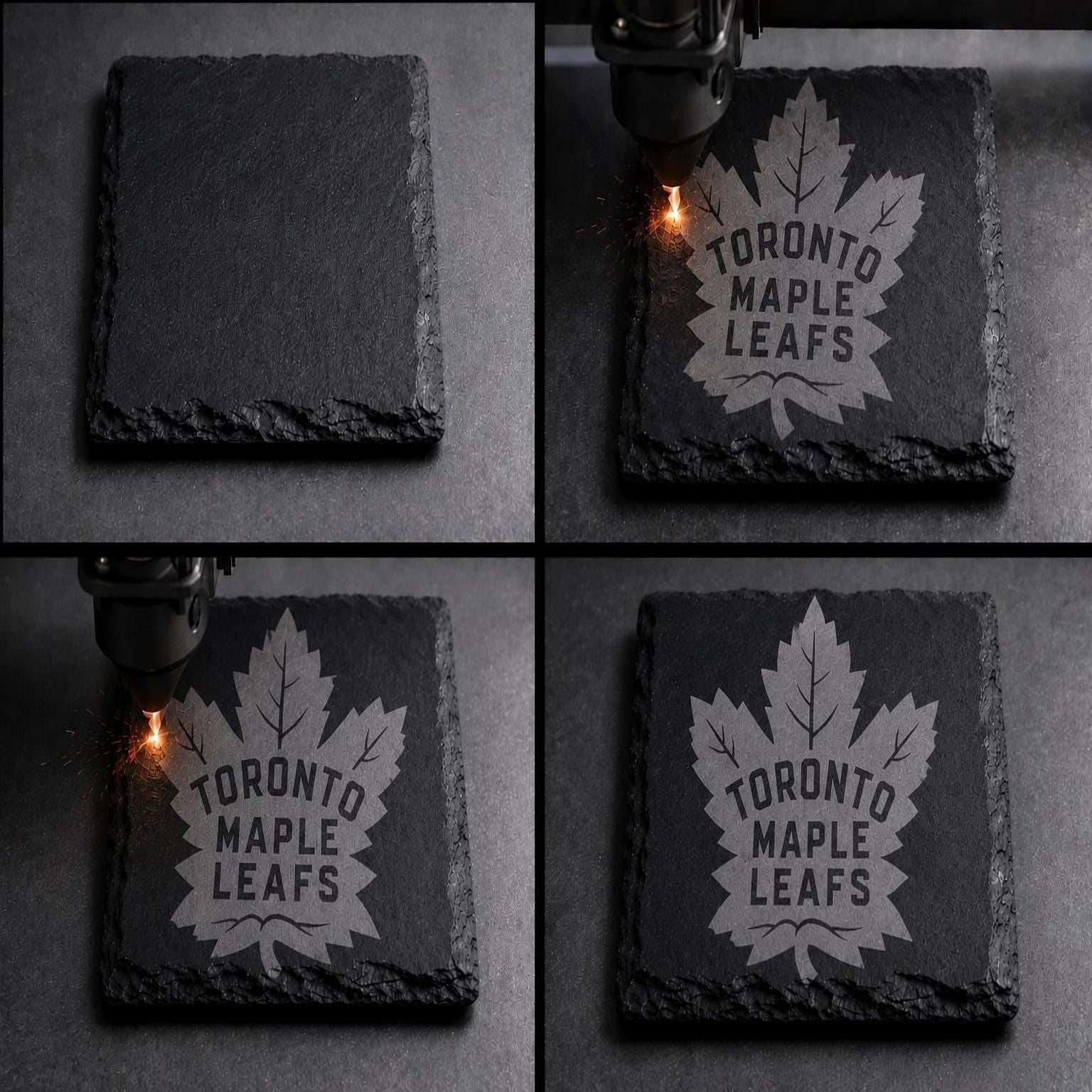 The image is a collage of four photos showing the process of engraving a maple leaf onto a slate or slate-like surface.