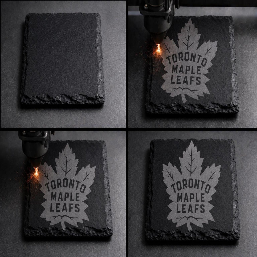 The image is a collage of four photos showing the process of engraving a maple leaf onto a slate or slate-like surface.