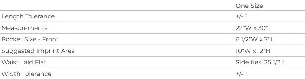 a table with various measurements and descriptions for a single size, including length tolerance, measurements, pocket size, suggested impprint area, width, and side ties.