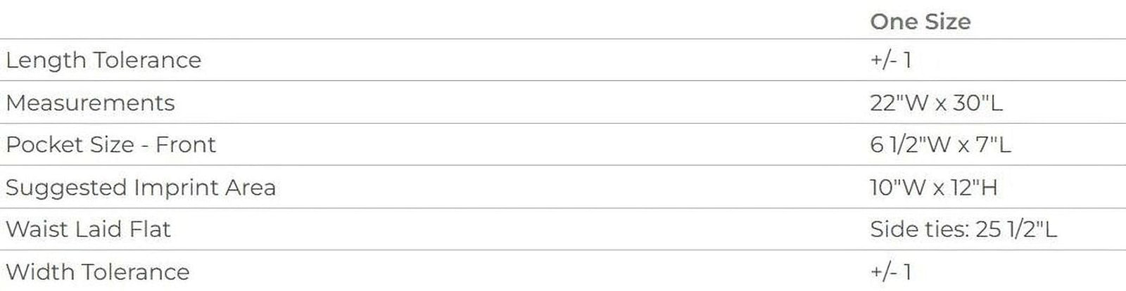 a table with various measurements and descriptions for a single size, including length tolerance, measurements, pocket size, suggested impprint area, width, and side ties.