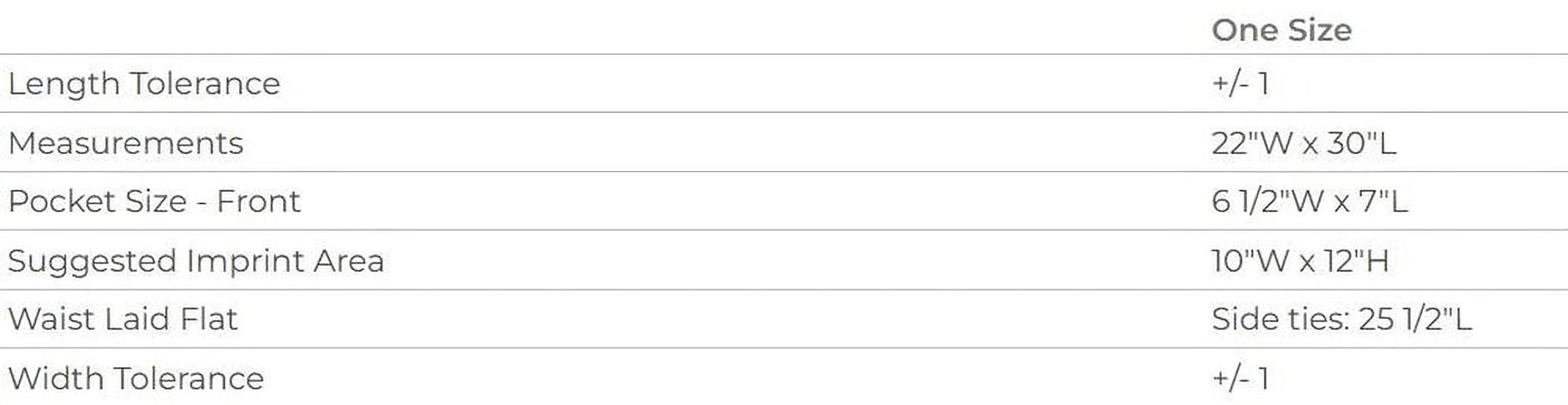 a table with various measurements and descriptions for a single size, including length tolerance, measurements, pocket size, suggested impprint area, width, and side ties.