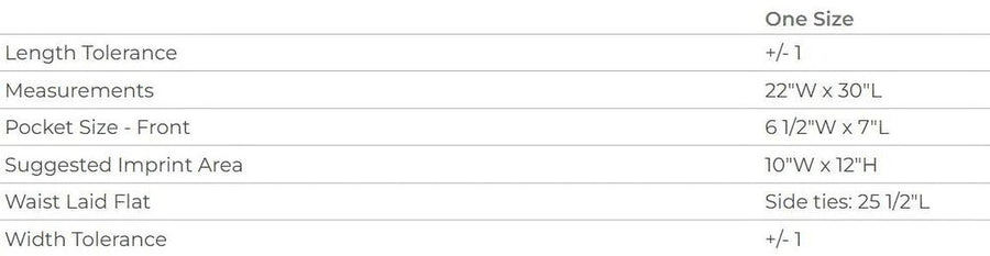 a table with various measurements and descriptions for a single size, including length tolerance, measurements, pocket size, suggested impprint area, width, and side ties.