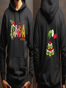 A black hoodie with a colorful graphic design featuring the word "PADA" and various holiday-themed elements such as a Christmas tree, ornaments, and a Grinch.