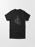 A black t-shirt with a white line drawing of a person on it.