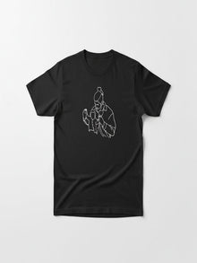 A black t-shirt with a white line drawing of a person on it.
