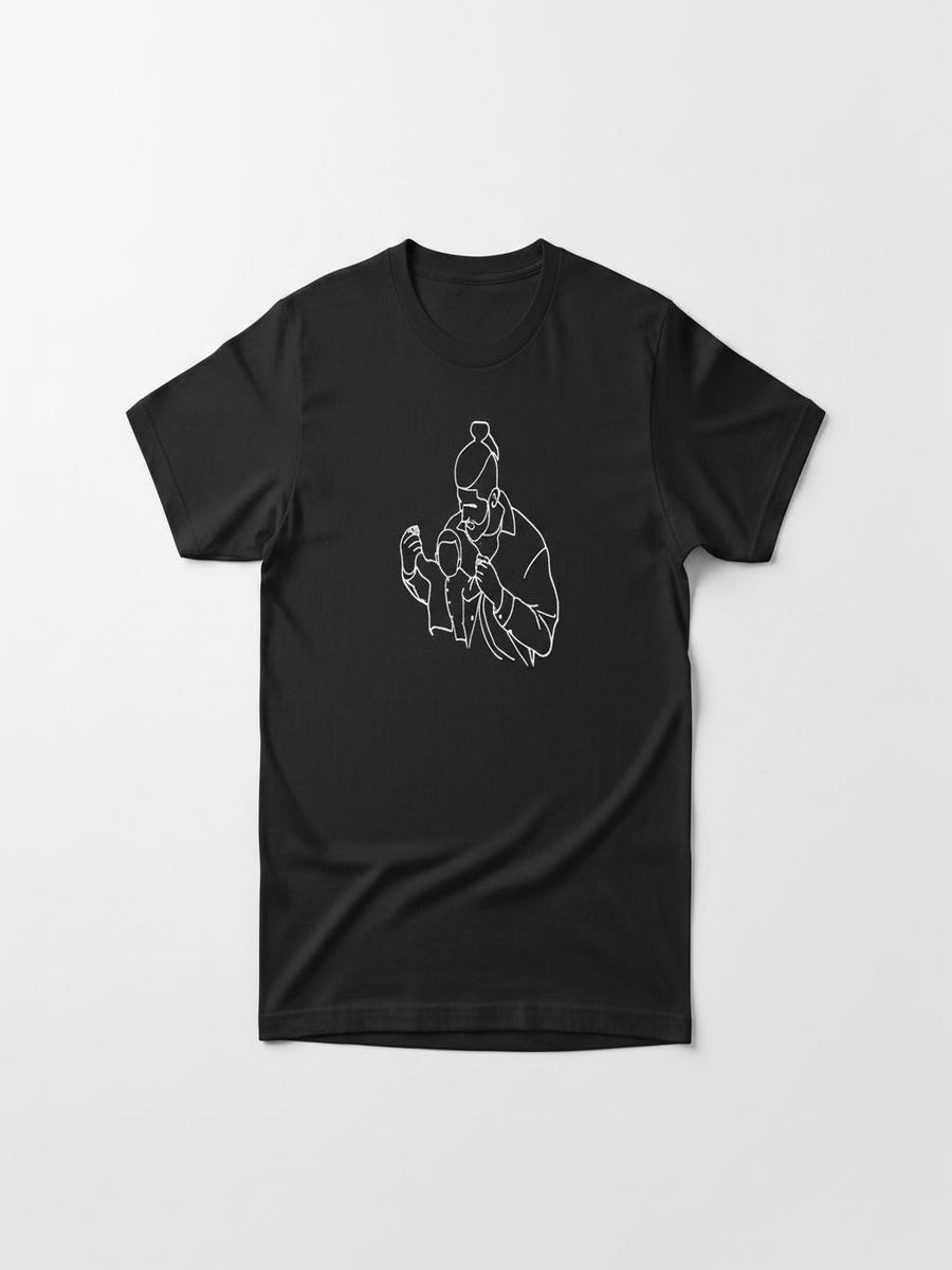 A black t-shirt with a white line drawing of a person on it.