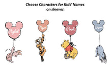 four cartoon characters from the Winnie the Pooh series, each holding a balloon with a name on it.