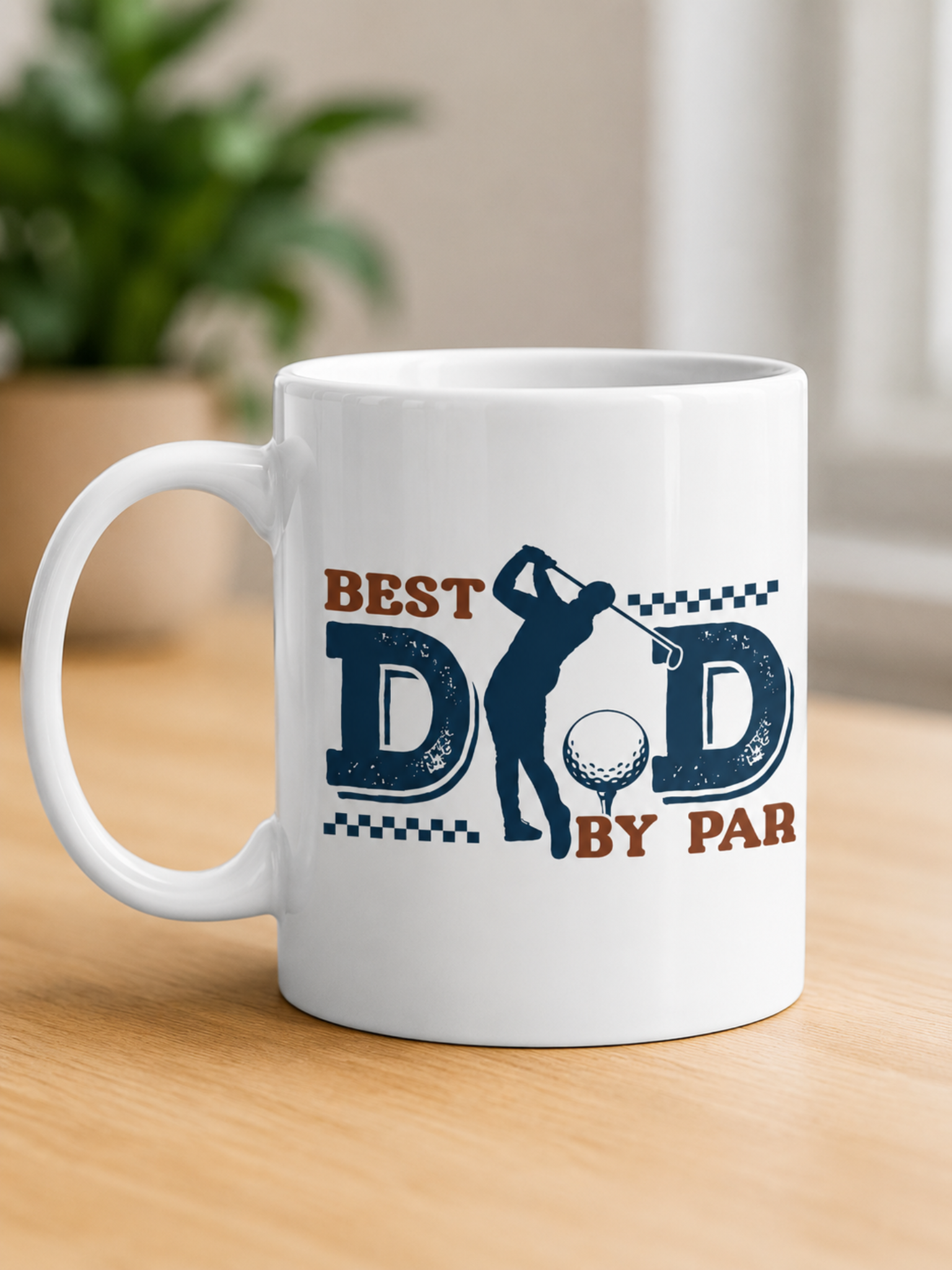 White Best Dad By Par golf mug featuring golfer silhouette and funny golf-themed typography on wooden table.