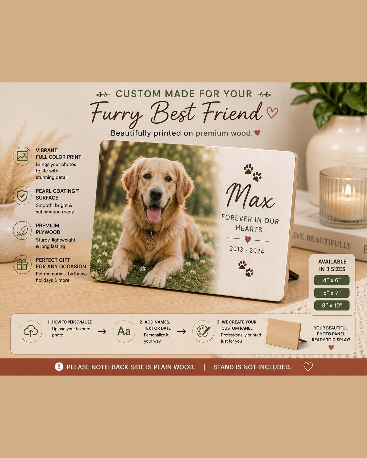 Personalized pet memorial wood photo panel