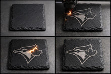 The image is a collage of four images showing the process of laser engraving a bird logo onto a slate surface.