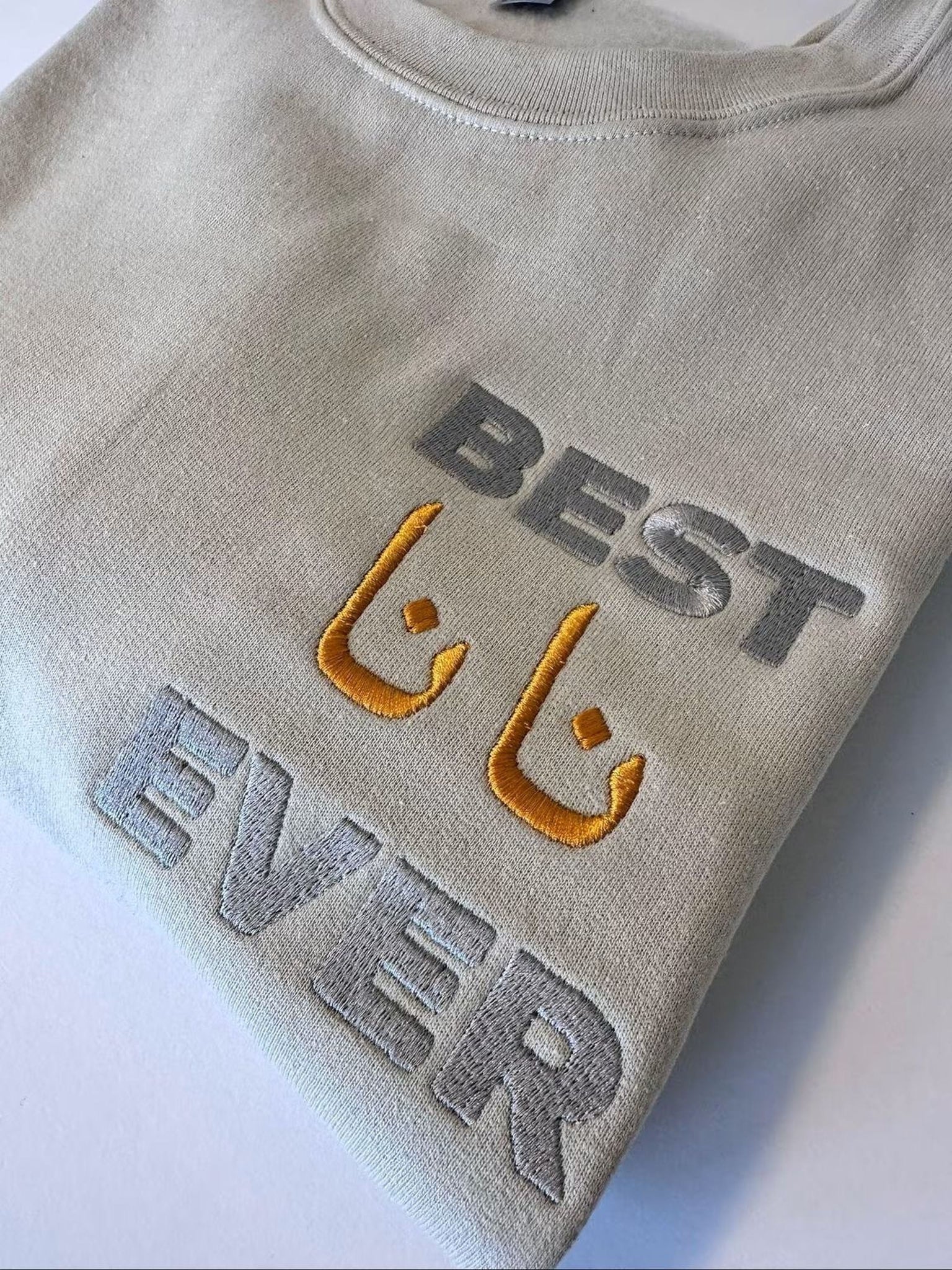 a grey sweatshirt with the text "BEST EVER" embroidered on it.